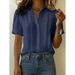 Women's Linen Blend Short Sleeve Shirt, Casual Button Down Shirt With Folded Collar And Relaxed Fit For Summer, Breathable Office Commuter Blouse_ecoleips.com