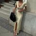 Women's Clothing Spring/Summer V Neck Slit Long Dress Style Short Sleeved Knitted Slim Fit For Women For Formal & Casual_ecoleips.com