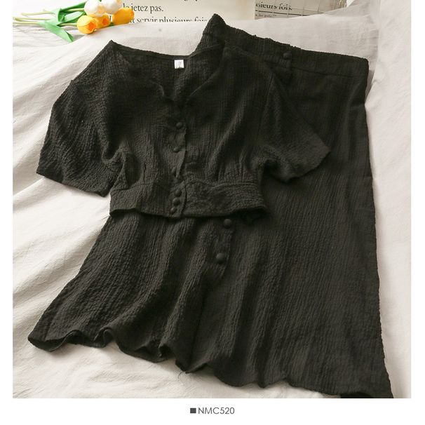 Women's Clothing Retro Wrinkled Two Piece Suit With V Neck Short Top + High Waist Single Breasted Skirt_ecoleips.com