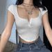 Fashionable 2025 Summer New Short Sleeved U-neck Single Breasted Slim Fit Open Navel Solid Color T-shirt For Women_ecoleips.com