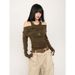 Off-Shoulder Layered T-Shirt – Slim Fit Long Sleeve Top, Ribbed Waist Detail, Trendy & Chic Trendy Neutral Colors_ecoleips.com
