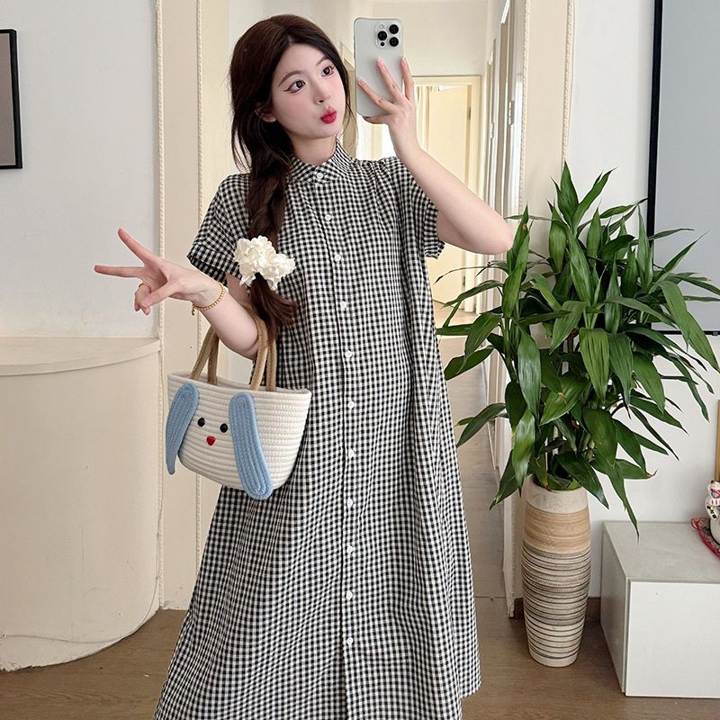 Summer New Korean Fashion Plaid Maternity Nursing Dress_ecoleips.com
