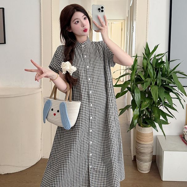 Summer New Korean Fashion Plaid Maternity Nursing Dress_ecoleips.com