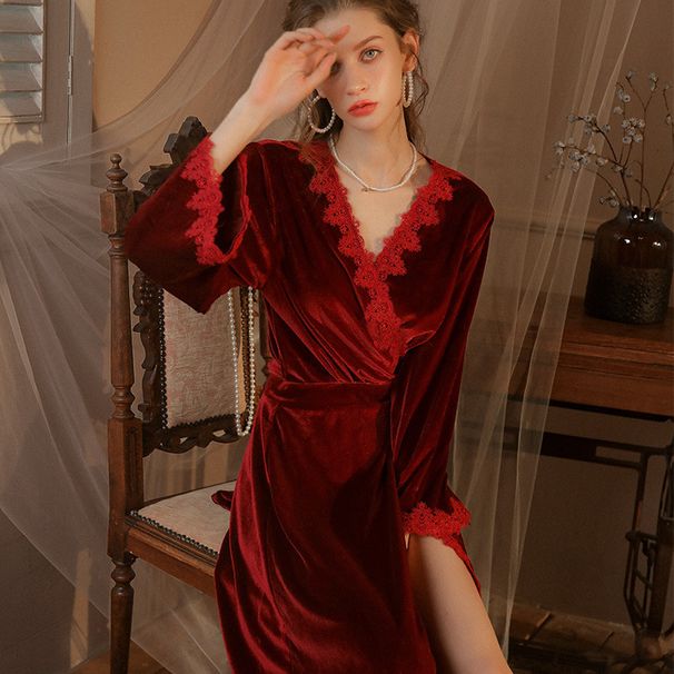 Voya Lace Edge Morning Robe For Bride Bridesmaids, Velvet Long Nightgown, Spring And Autumn Wedding Red Pajamas_ecoleips.com