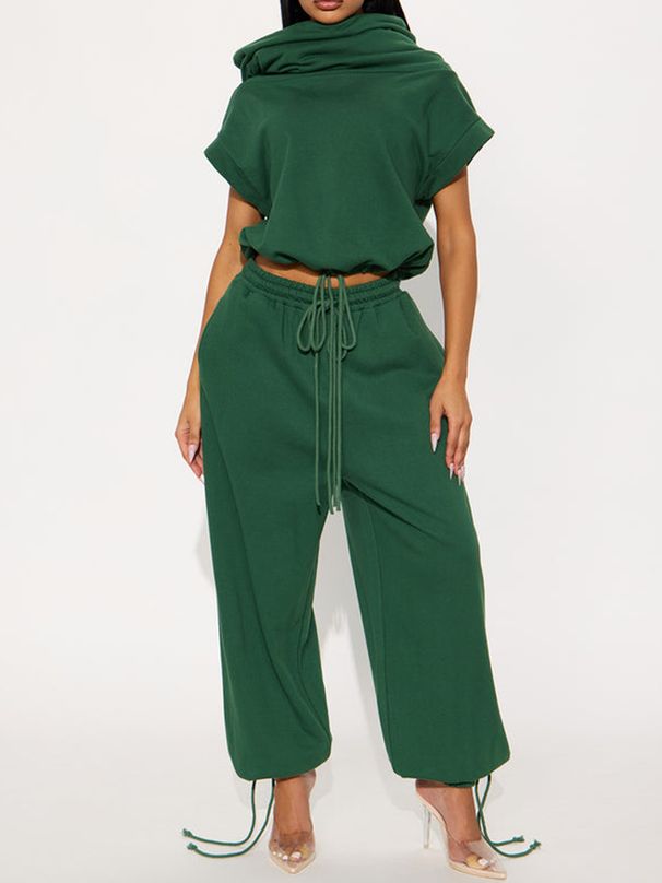Women's Casual Crop Top And High Waist Elastic Pants Set Round Neck Short Sleeve Tie Detail Autumn Wear_ecoleips.com