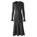 Elegant Slim Fit Long Dress For Women V Neck Long Sleeve Solid Color Metal Buckle Detail Casual Knit Dress_ecoleips.com