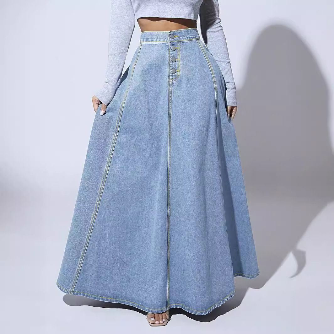 Women's Denim Midi Skirt Single Breasted A-Line New Style in Stock_ecoleips.com