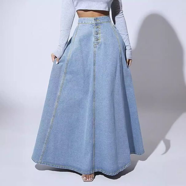 Women's Denim Midi Skirt Single Breasted A-Line New Style in Stock_ecoleips.com