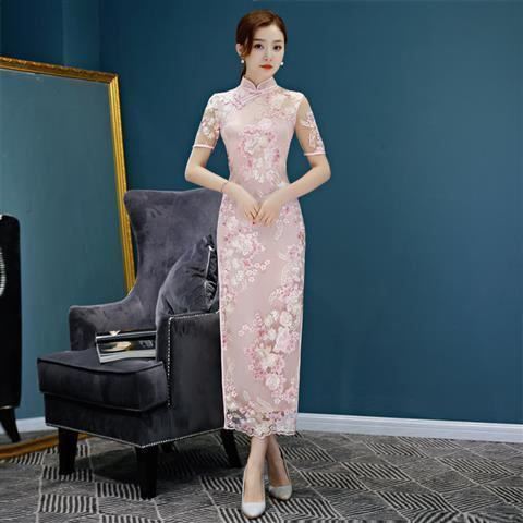 Elegant Modern Cheongsam Dress For Women, Slim Fit Long Qipao With High Slit, Floral Lace Embellished, Perfect For Banquet & Special Occasions_ecoleips.com