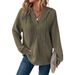 Women's Waffle Knit Drawstring Button V-Neck Long Sleeve Hoodie_ecoleips.com