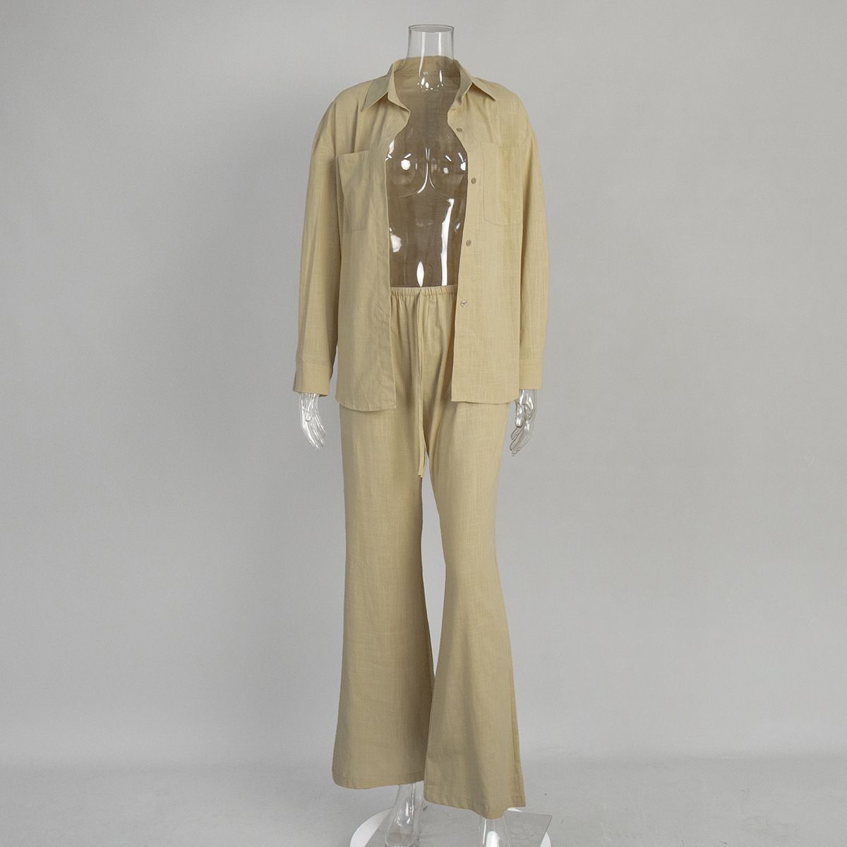 Women's Pure Cotton Long Sleeved Shirt Wide Leg Trousers Set Casual Flared Pants Suit Solid Color Style Summer_ecoleips.com
