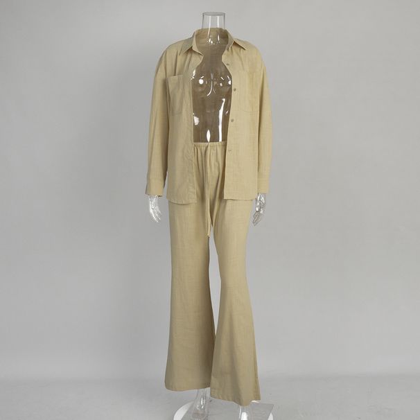 Women's Pure Cotton Long Sleeved Shirt Wide Leg Trousers Set Casual Flared Pants Suit Solid Color Style Summer_ecoleips.com