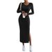 Long Sleeve Crew Neck Split Knitted Long Dress Women_ecoleips.com