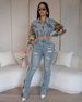 Women's Clothing autumn ins new retro jeans women's stitching 2 piece set fashionable side lace suit_ecoleips.com