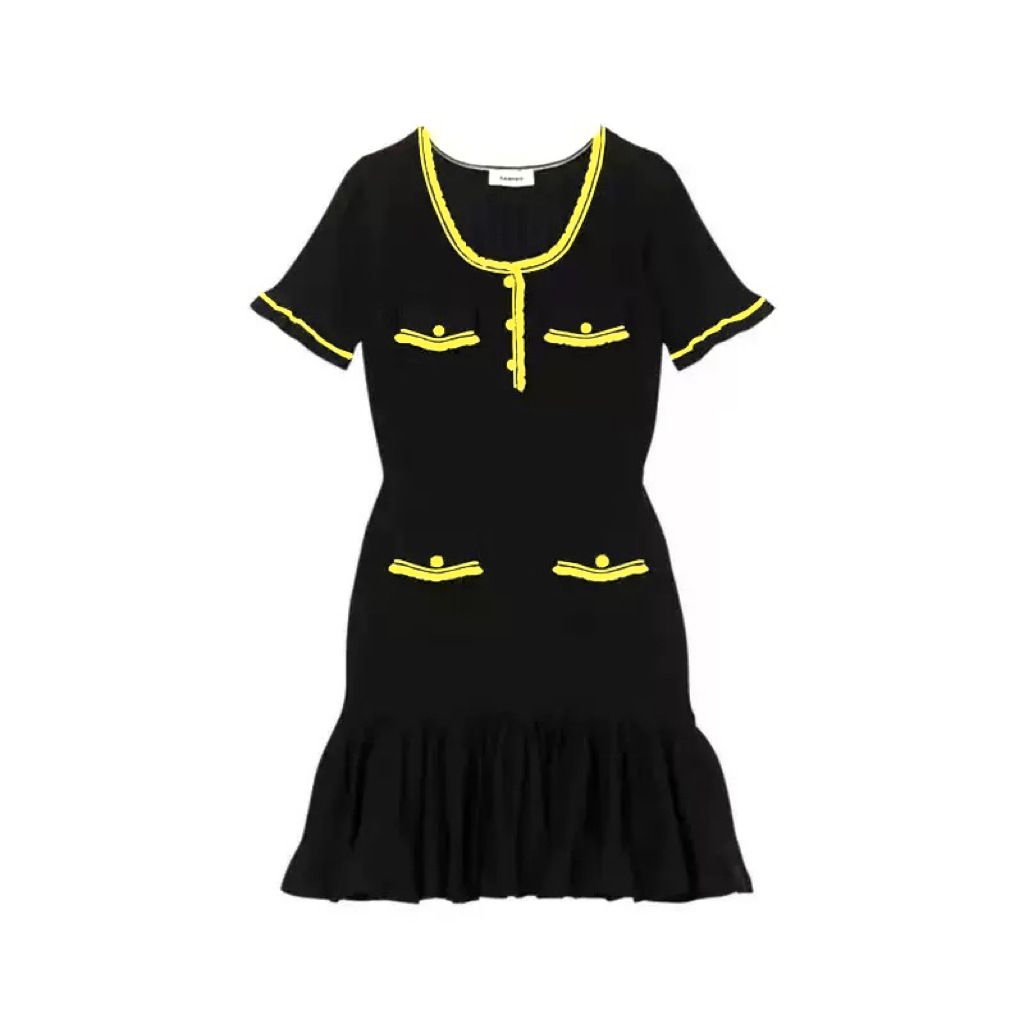 Women's Clothing Ruffle Short Sleeve Knitted Dress Summer New Fashion Button Pocket Slim Skirt_ecoleips.com