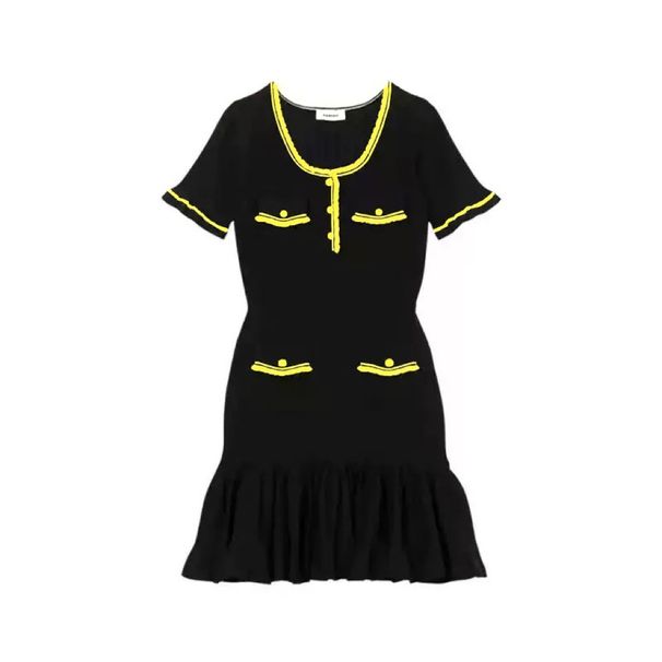 Women's Clothing Ruffle Short Sleeve Knitted Dress Summer New Fashion Button Pocket Slim Skirt_ecoleips.com