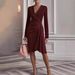 Slim Fit Solid Color Hip Skirt V-Neck Long Sleeve Pleated Design Dress For Women Sexy_ecoleips.com