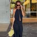 Women's Deep V Neck Backless Halter Neck Dress Sexy Tie up Waist Slit European American Style Casual Dress_ecoleips.com