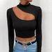 Women's Trendy Hollowed Out High Neck Long Sleeve T-Shirt Fashion Spring Summer Short Design Top_ecoleips.com