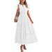 Elegant V Neck Long Dress For Women American Style Summer Waist Cinching Pleated Puff Sleeves Solid Color New 2026_ecoleips.com