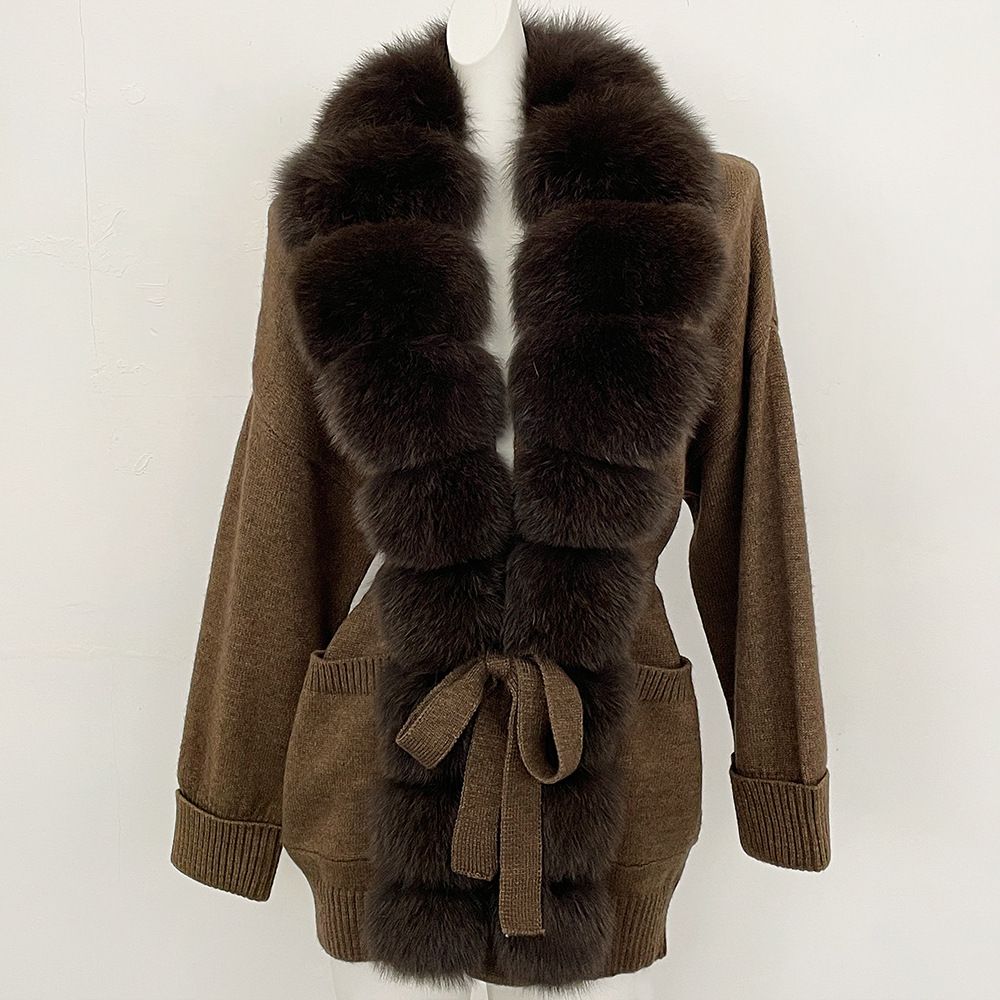 Elegant Fox Fur Collar Knit Cardigan With Belt – Women’s Slim-Fit Open Front Sweater Coat For Autumn/Winter (Multiple Color Combinations)_ecoleips.com