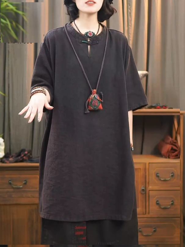 Cotton And Linen Fabric, With A Stand-Up Collar; Medium-Length Design. Ideal For Summer Mothers A Simple, Stylish, Art_ecoleips.com