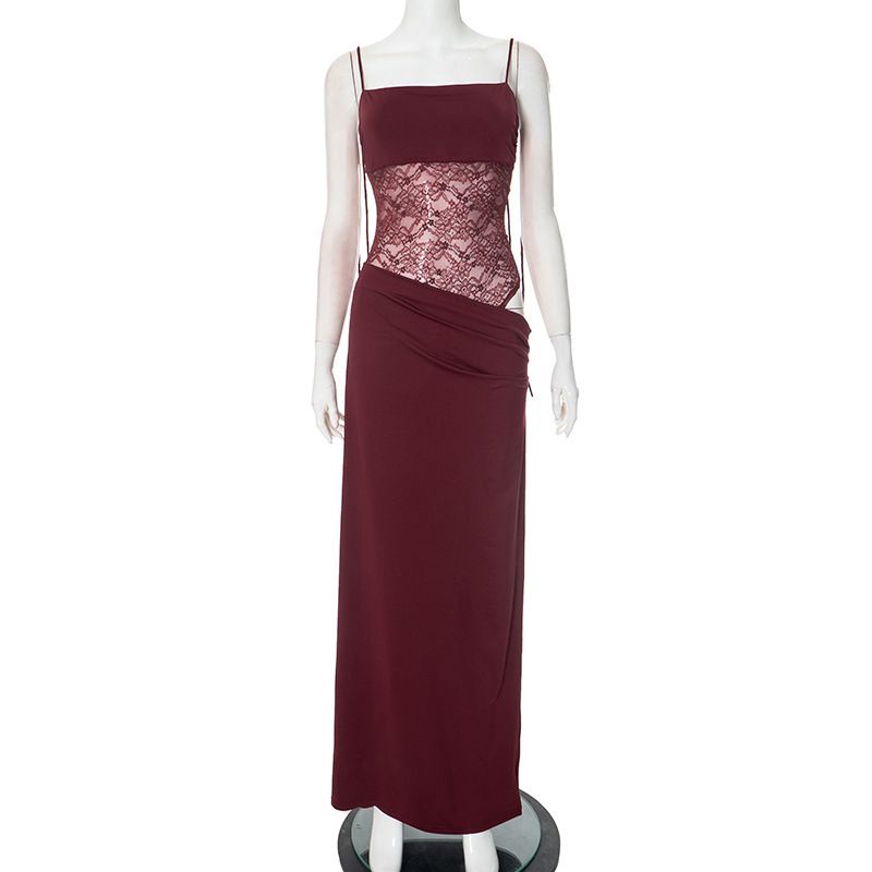 D25DS038 European And American Women's Fashion Spring/summer New Solid Color Lace Splicing Strapless Tie-waist Sexy Long_ecoleips.com