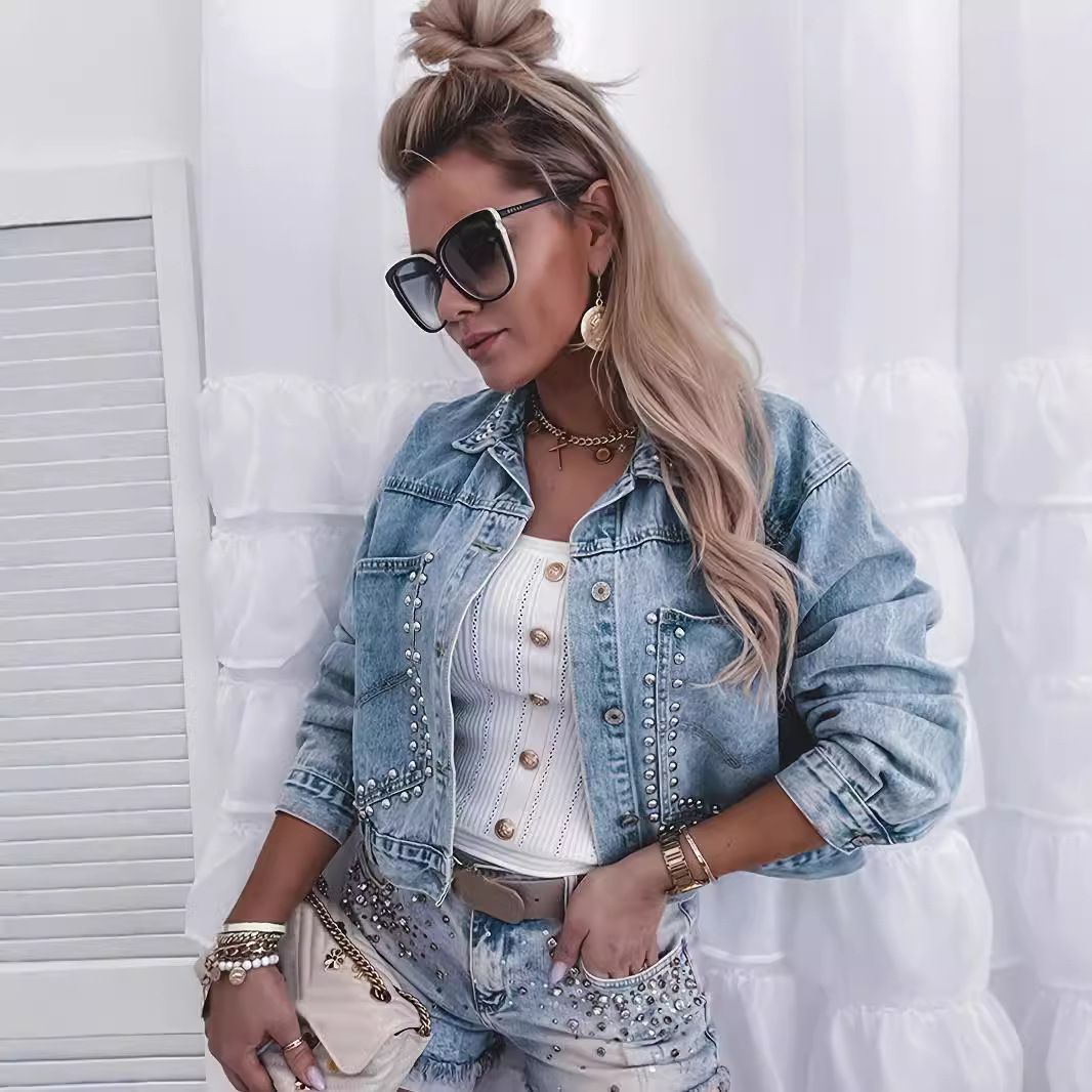 Women's European And American Open Placket Rivet Short Jacket Denim_ecoleips.com