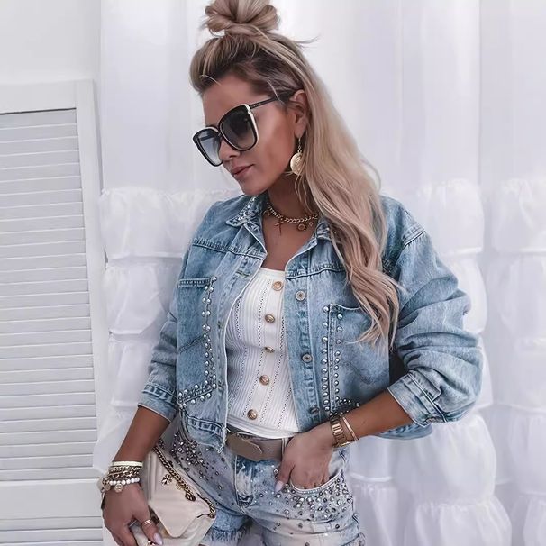 Women's European And American Open Placket Rivet Short Jacket Denim_ecoleips.com