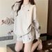 Verve Waffle Shorts Long Sleeve Top Two Piece Set Women Summer Plus Size Loose Harajuku Style Casual Fashion Outfit_ecoleips.com