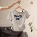 Grey Letter Slanted Shoulder Print Waist Pleated Short-sleeved T-shirt Women's Summer New Off-the-shoulder Design Top_ecoleips.com