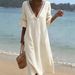 Summer Women's V Neck Dress Solid Color Lace Long Gown American Style Vacation Fashion New_ecoleips.com