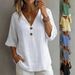 Women's V Neck Button Loose Top Cotton Linen Summer T-Shirt European And American Style New 2026_ecoleips.com