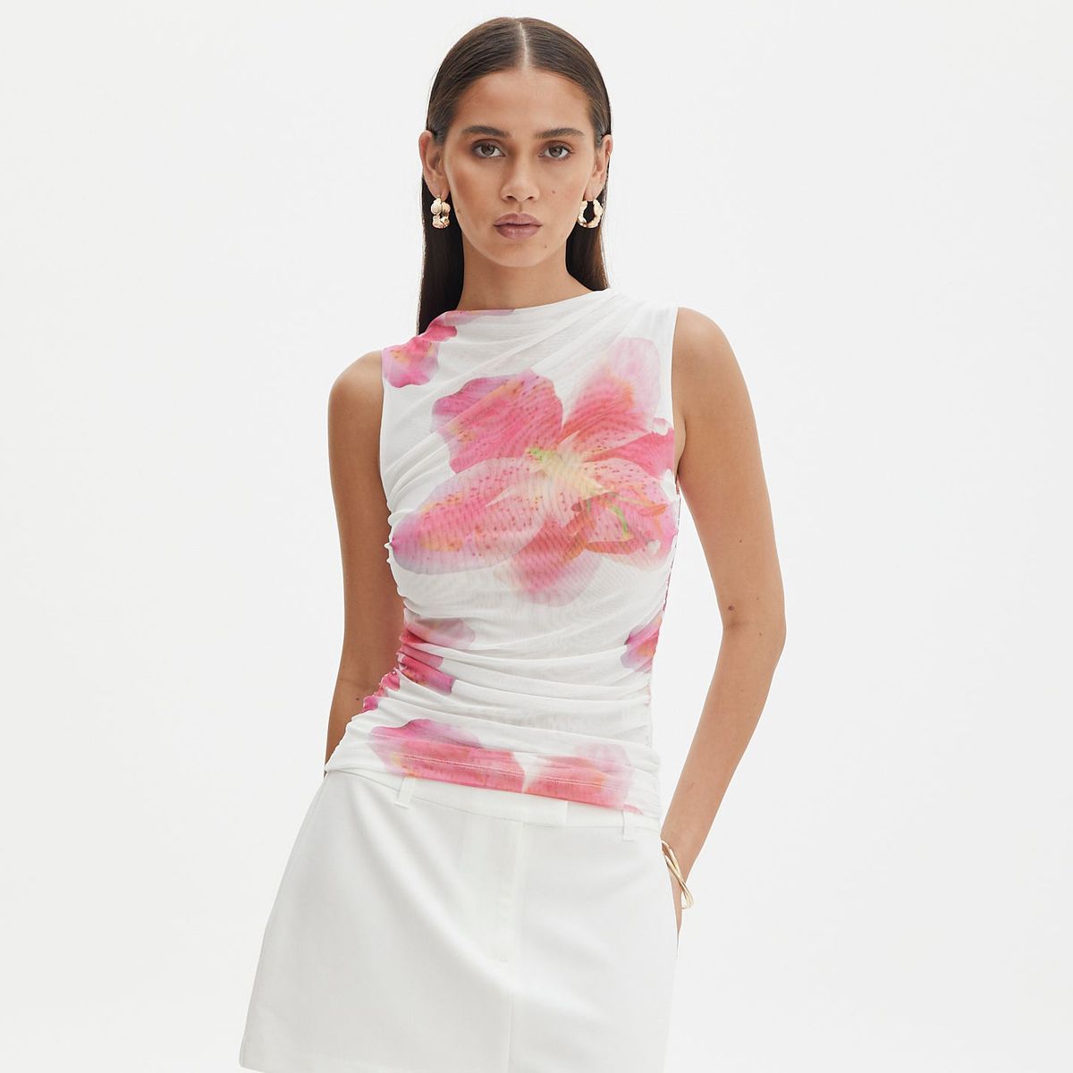 Women's Clothing New Digital Printing Dress Mesh Splicing Chic Pleated Vest Temperament Style Slim Pure Desire Top_ecoleips.com
