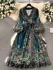 Women's Bohemian V-Neck Maxi Dress Long Sleeve Ethnic Print Belted Dress for Women_ecoleips.com