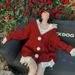 girl New Year Christmas Red Thickened Mid-Length Knitted Pom-Pom Hidden Button Frayed Edge Tassel Lazy Style Sweater Cardigan_ecoleips.com