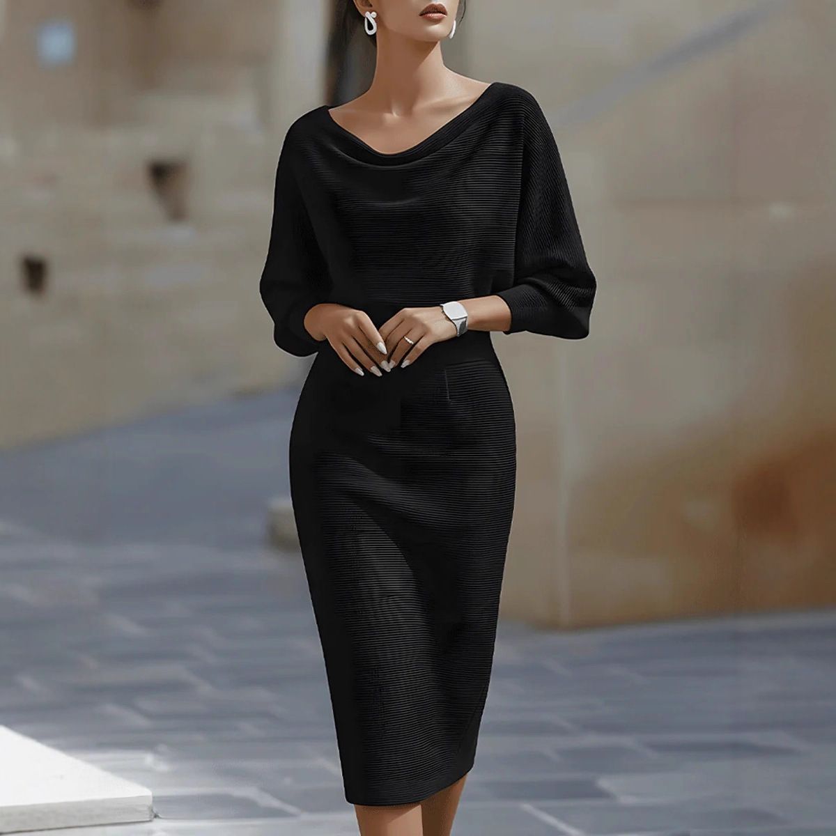 Fashionable Pleated Bat-Sleeved Mid-Length Dress_ecoleips.com