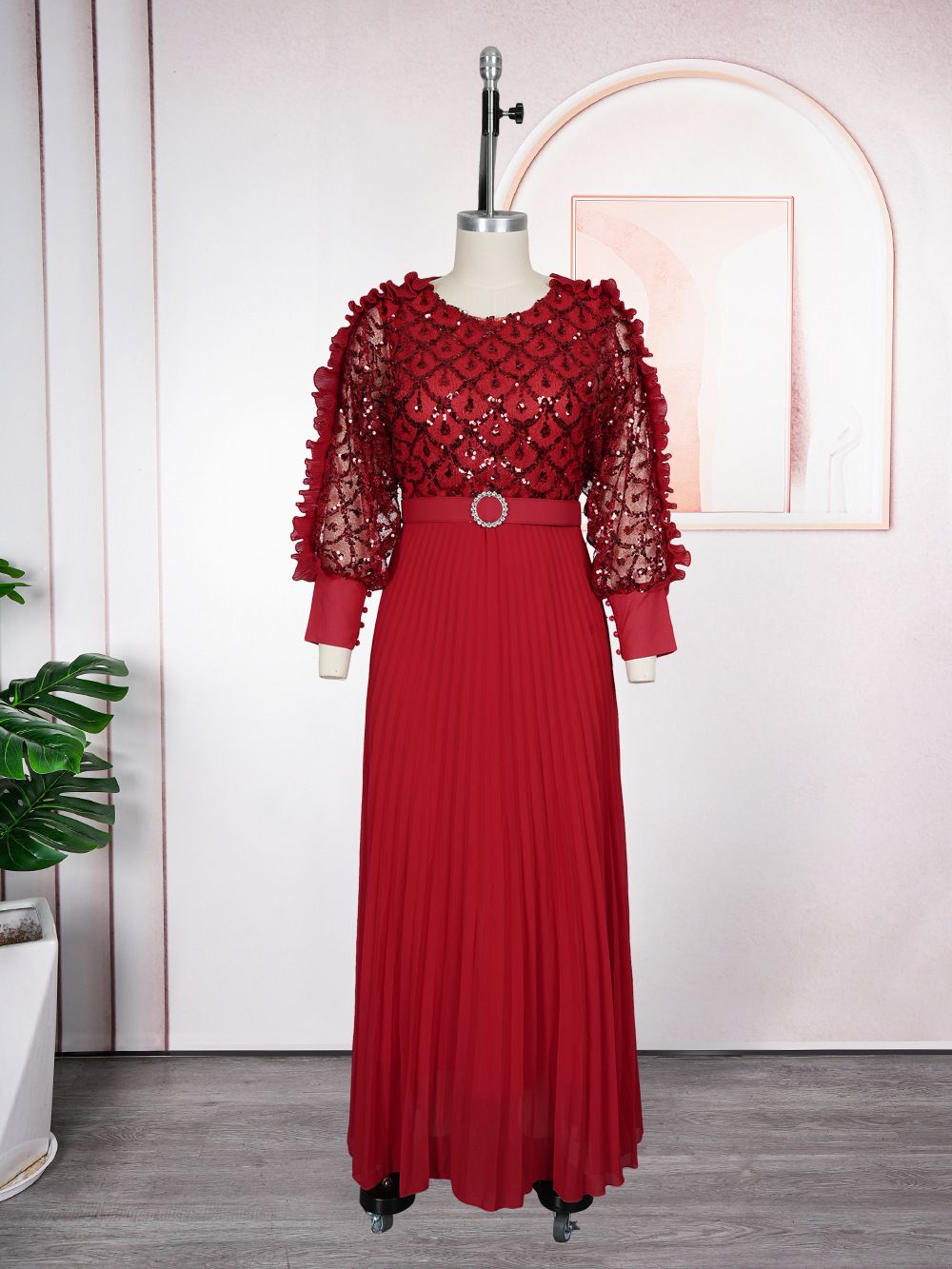 Elegant Long Sleeve Pleated Sequin Evening Dress – Maxi Dress For Autumn/Winter_ecoleips.com