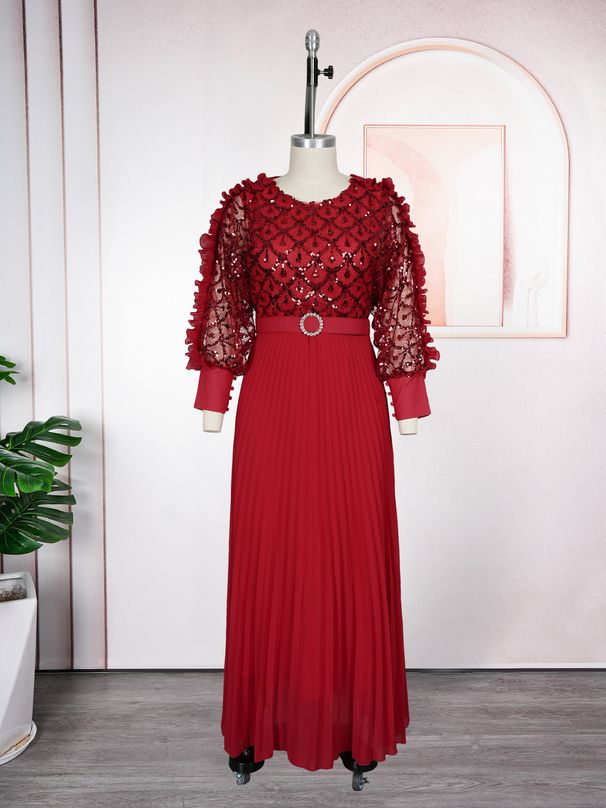 Elegant Long Sleeve Pleated Sequin Evening Dress – Maxi Dress For Autumn/Winter_ecoleips.com