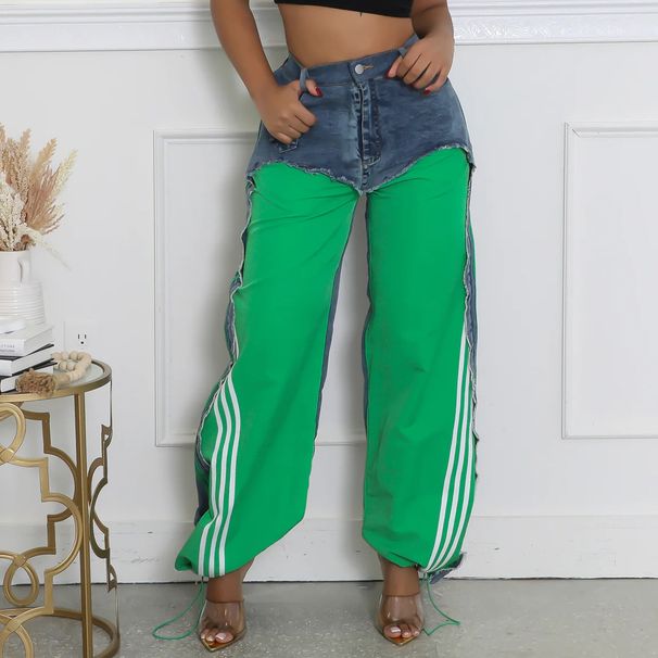 Women's Clothing Fashion Street Stitching Design Striped Bar Retro Drawstring Jeans_ecoleips.com