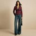 Elegant Women's Floral Lace Long Sleeve Blouse Slim Fit Striped Print V-Neck Office Casual Shirt Top_ecoleips.com