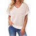 2026 Women Elegant V Neck Short Sleeve Soft Knitted Striped Loose Top_ecoleips.com