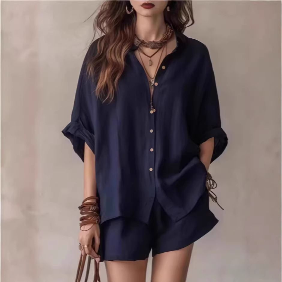 Women's Solid Color Loose Button down Shirt And Shorts Fashion Casual Suit Spring/Summer New European And American Cross Border Trade Clothing_ecoleips.com