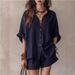 Women's Solid Color Loose Button down Shirt And Shorts Fashion Casual Suit Spring/Summer New European And American Cross Border Trade Clothing_ecoleips.com
