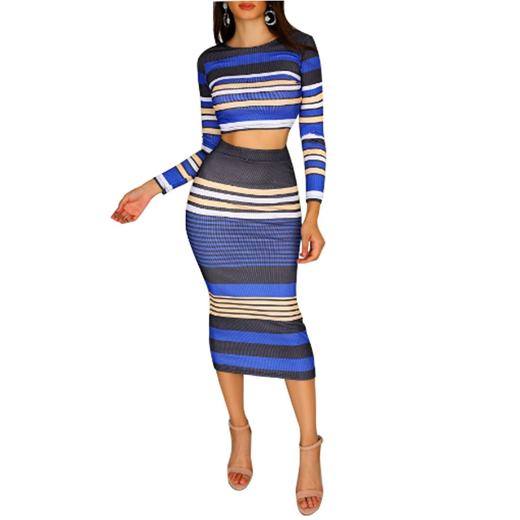FM6007 2025 Women's Blue Striped Skirt Set Nightclub_ecoleips.com