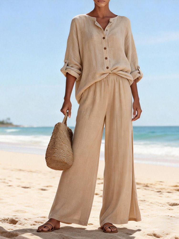 Women's Cotton Lounge Set Casual V-Neck Long Sleeve Shirt And Pants Soft And Breathable Outfit in Multiple Colors_ecoleips.com