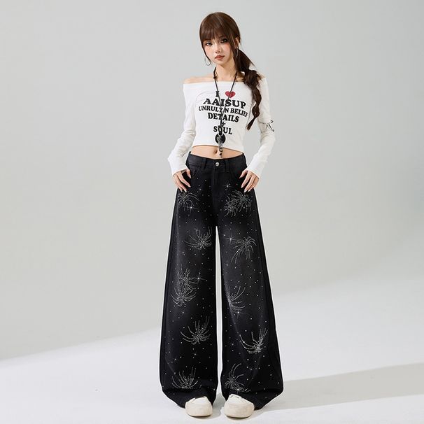 2026 Spring New Fashion Women's High-Waisted Slimming Denim Pants With Sparkling Rhinestones, Versatile Floor-Length_ecoleips.com