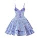 Women's Clothing Dress Blue Sequined Suspender Short Dress Temperament Waist Slimming Strap Dress_ecoleips.com