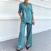 Spring Summer Women's Casual Cotton Linen Top Set Solid Color mid Sleeve V Neck Fashionable_ecoleips.com