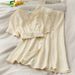 Women's Clothing Retro Wrinkled Two Piece Suit With V Neck Short Top + High Waist Single Breasted Skirt_ecoleips.com